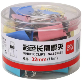 得力 deli 彩色筒装长尾夹 燕尾夹 8553 32mm 24个/筒